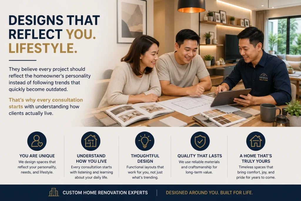 Personalised Home Renovation Consultation Singapore – Custom Interior Design This featured image showcases a professional home renovation consultation where homeowners work closely with an interior designer to create a customised living space.