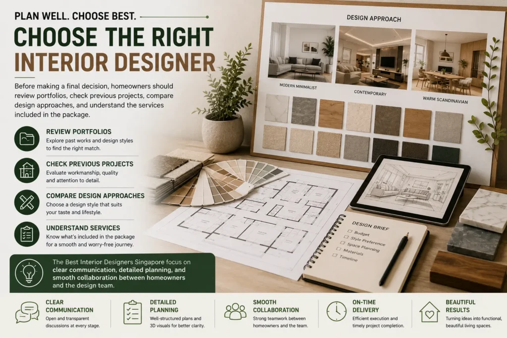 Best Interior Designers Singapore | Design Planning & Portfolio Review professional interior design planning workspace featuring floor plans, mood boards, colour palettes, material samples, and design concept boards