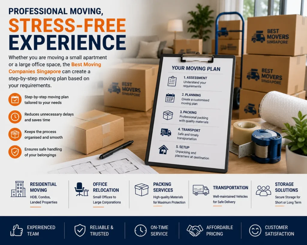 Best Moving Companies Singapore organise every stage of the moving process, from planning and packing to transportation and final delivery. The image is ideal for articles about home moving, office relocation