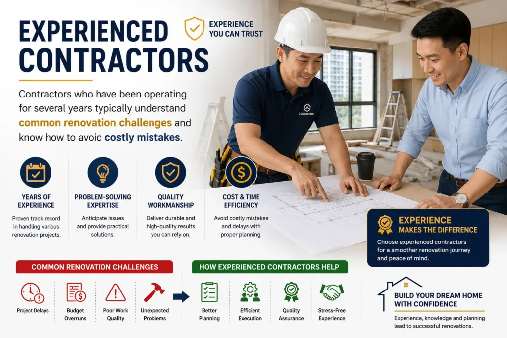 This professional infographic highlights the advantages of choosing experienced renovation contractors. It demonstrates how years of industry experience help contractors