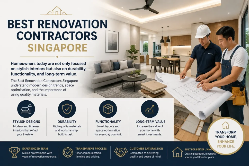 This featured image showcases professional renovation contractors planning a residential renovation project in a modern Singapore home. It highlights stylish interior design