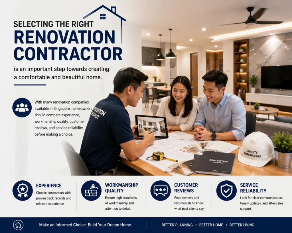 homeowners discussing their renovation plans with a professional renovation contractor in Singapore. It highlights the importance of evaluating