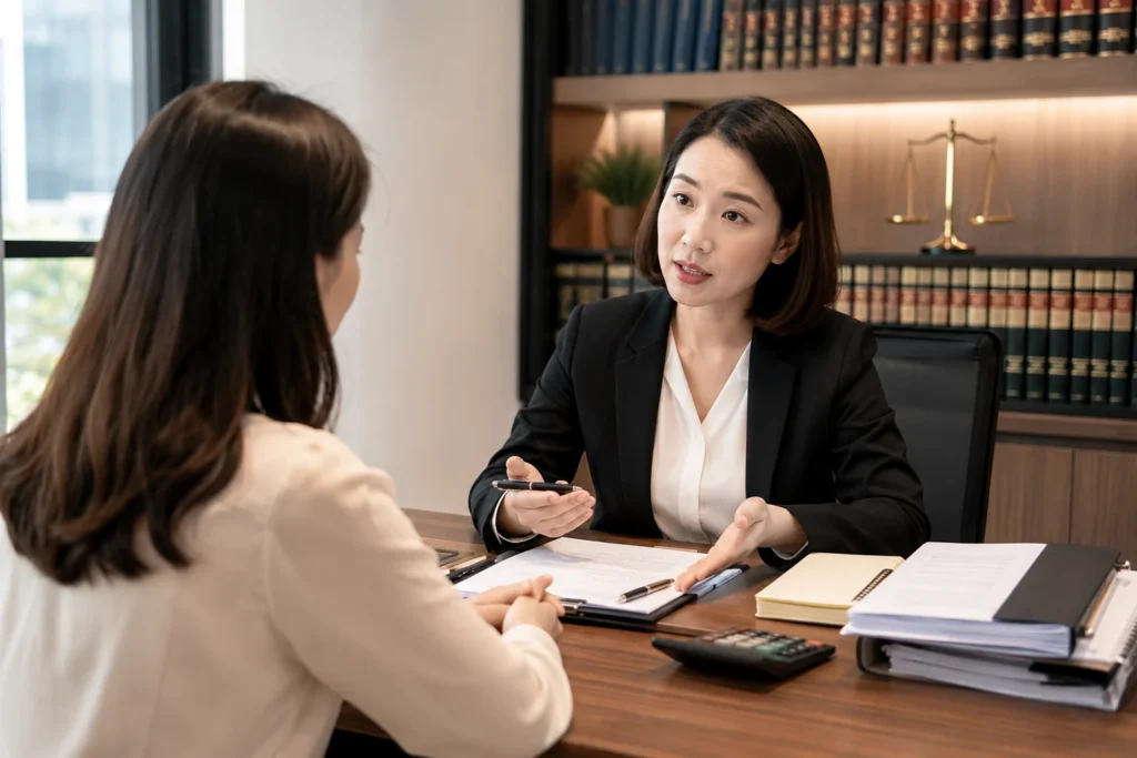 Singapore family lawyer explaining divorce legal fees to a client during a consultation with legal documents, calculator, contract, and notebook in a modern law office.