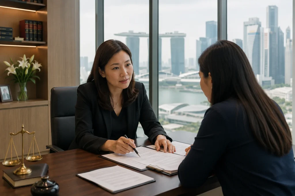 Professional Singapore divorce lawyer consulting a client in a modern law office with legal documents and the Singapore skyline in the background.