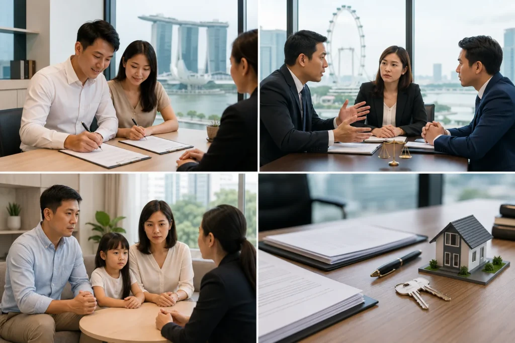 Split-scene illustration showing uncontested divorce, contested divorce with lawyers, child custody discussion, and property division legal documents in Singapore.