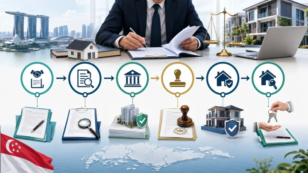 Singapore Property Conveyancing Process Guide for Home Buyers Professional infographic showing the Singapore property conveyancing process from Option to Purchase (OTP) to final property ownership transfer with legal review, mortgage approval,