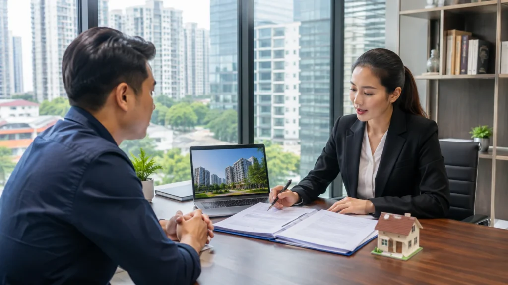 Singapore Conveyancing Lawyer Property Consultation Singapore home buyer meeting with a professional conveyancing lawyer to review property purchase documents in a modern legal office.