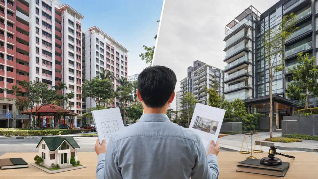 Singapore HDB Resale Flat vs Private Condominium Comparison Guide Split view comparing a Singapore HDB resale flat and a modern private condominium with a property buyer reviewing legal conveyancing documents before purchasing a home.